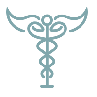 A simplified caduceus symbol with two serpents entwined around a staff, topped by a circle and flanked by two upward curving wings.