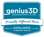 Blue shield-shaped badge reads “genius 3D mammography exam proudly offered here. Excellence in breast health.” The badge promotes the availability of Genius 3D Mammogram services at this location.