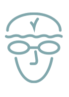 Simple line drawing of a face wearing swimming goggles and a swim cap with a checkmark on it, symbolizing achievement and well-being—a subtle nod to the positive habits encouraged in Behavioral Medicine.