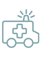 Simple line drawing of an ambulance with a cross on the side and a siren light on top, depicted in blue on a light background—a clear symbol of Emergency Medicine.