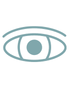 A simple teal line drawing of an eye with a prominent iris and pupil on a light gray background.