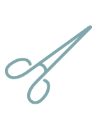Simple illustration of a pair of surgical scissors with rounded handles and pointed blades, shown in a light blue color on a plain light gray background—perfect for representing tools used in surgery or surgical care.