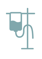 Simple illustration of an IV drip bag hanging on a stand, with a tube extending downward, often used to represent medical treatment or hospital care such as infusion therapy in oncology settings.