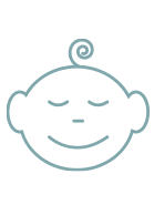 Simple line drawing of a smiling baby’s face with closed eyes, round cheeks, and a single curl of hair on top.