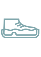 Simple line drawing of a sneaker or athletic shoe, shown in profile with a thick sole and three lines indicating laces, all in light blue on a white background.