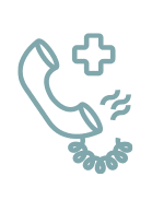 Blue icon of a phone receiver, with a medical cross above and curved lines and droplets below, suggesting a hotline or phone support for medical emergencies or health-related concerns.