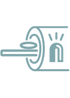 Stylized illustration of an MRI machine with a person lying on a table entering the scanner, and lines indicating the diagnostic imaging machine is active.