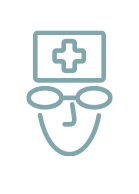 Simple line drawing of a face with glasses and a medical hat featuring a cross, representing a healthcare professional or doctor such as Visiting Specialists.