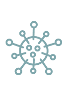 Simple, stylized illustration of a virus or germ with a circular center, multiple dots inside, and lines with circles extending outward, resembling viral particles commonly associated with COVID-19 and the need for a vaccine.