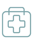 A simple blue outline of a first aid kit with a cross symbol in the center, set against a light gray background, representing essential patient resources.