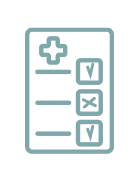 Light blue medical checklist icon with a cross at the top and three checkboxes, two checked and one marked with an X, on a white background.