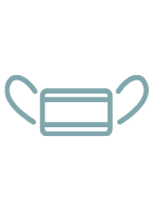 Simple line drawing of a face mask with two ear loops on each side, depicted in a light blue color on a light gray background.