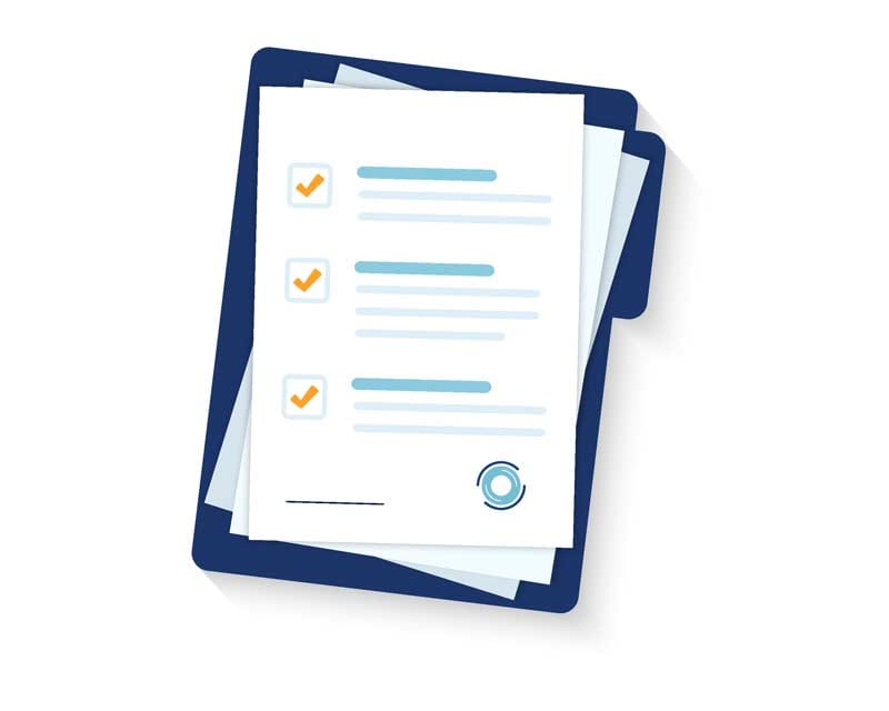Illustration of a clipboard holding papers, with a checklist on top, symbolizing Patient Resources. Three items have check marks, and there are blue lines representing text. The background is white.