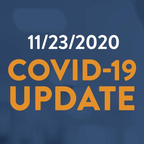Text reads: “11/23/2020 COVID-19 update” in white and orange letters on a blue background, highlighting important information regarding the ongoing COVID-19 situation in 2020.