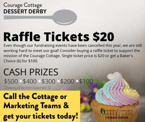 A vibrant flyer promoting the Courage Cottage Dessert Derby raffle! Raffle tickets are $20 each or six for $100, giving you a chance to be one of our lucky winners. Cash prizes range from $100 to $500. A cupcake with colorful frosting is pictured at the bottom right, inviting you to join in on the sweet fun.