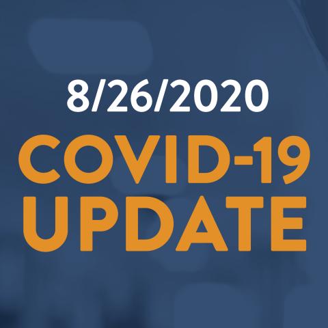 Text image reading “8/26/2020 COVID-19 UPDATE” in white and orange letters on a blue background, providing a clear and timely COVID-19 update from 2020.