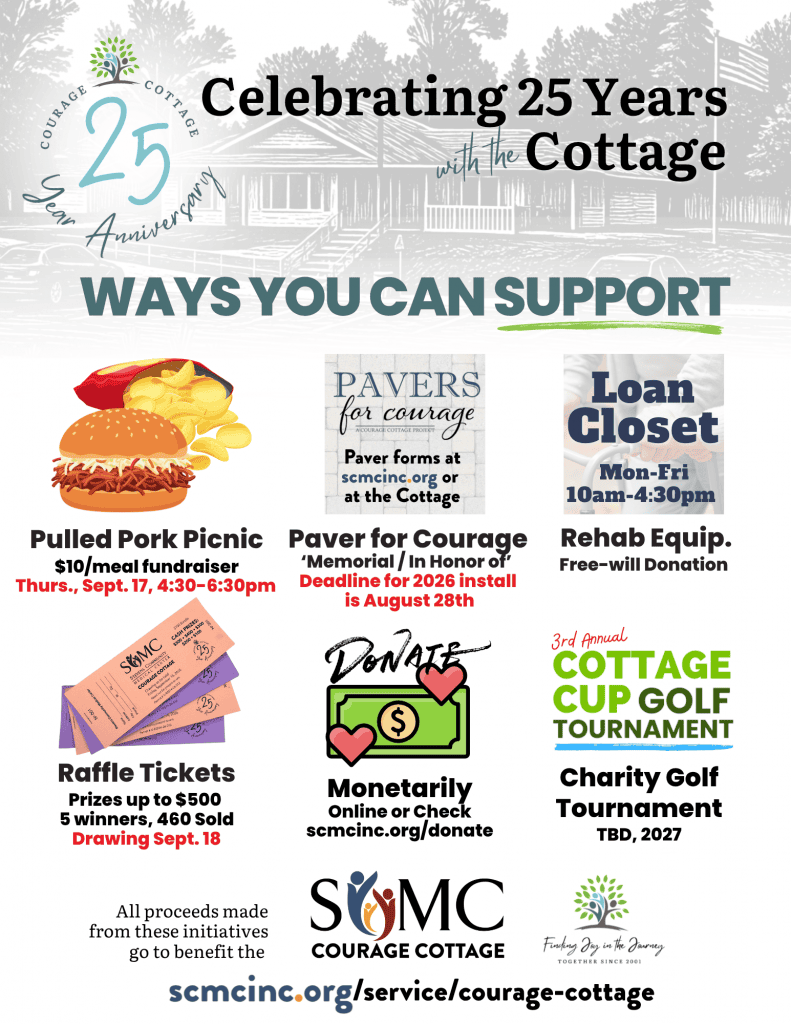 Anniversary flyer for Courage Cottage, an Assisted Living community, lists support ways: picnic, paver sales, loan closet, raffle, donations, golf tourney. Dates, times, website, and colorful graphics included.
