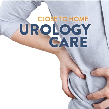 A person holding their lower back in discomfort, with the text “Close to Home Urology Care” overlaid on the image.