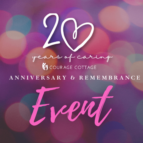 Text reads: “20 years of caring. Courage Cottage. Anniversary & Remembrance Event.” Background features pink and purple bokeh lights, capturing the warmth and heartfelt spirit of this special anniversary event.