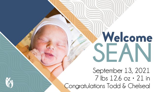 Newborn baby Sean wrapped in a hospital blanket. Text: “Welcome Sean. September 13, 2021. 7 lbs 12.6 oz · 21 in. Congratulations Todd & Chelsea!” Blue and gold abstract border design.