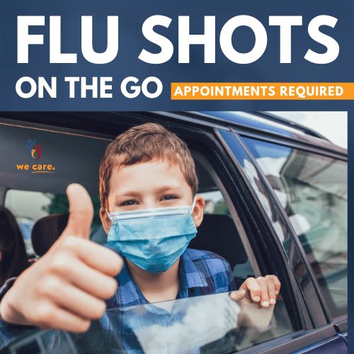 Boy wearing a mask gives a thumbs up from a car window. Text reads “Flu Shots On The Go. Appointments Required.” Small “We Care” logo is visible, supporting masks and healthy practices at Morris Area School.