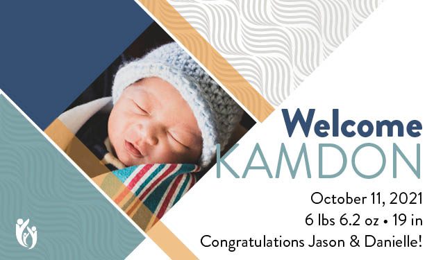 Newborn baby Archibaldo wrapped in a colorful blanket and wearing a knit hat, with text announcing the birth of Kamdon on October 11, 2021, including weight, length, and congratulations to Jason and Danielle.