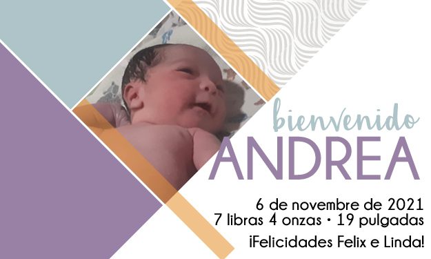 Birth announcement featuring a newborn baby, geometric shapes in purple, tan, and white, and text welcoming Andrea, born 11-6-21, with birth weight, length, and congratulations to Felix and Linda.