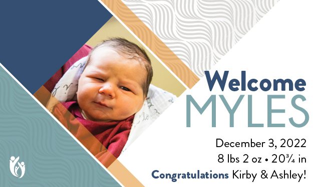 A newborn baby wrapped in a blanket. Text: Welcome Myles. 12-3-22. 8 lbs 2 oz, 20¾ in. Congratulations Kirby & Ashley! Blue and tan geometric design in the background.
