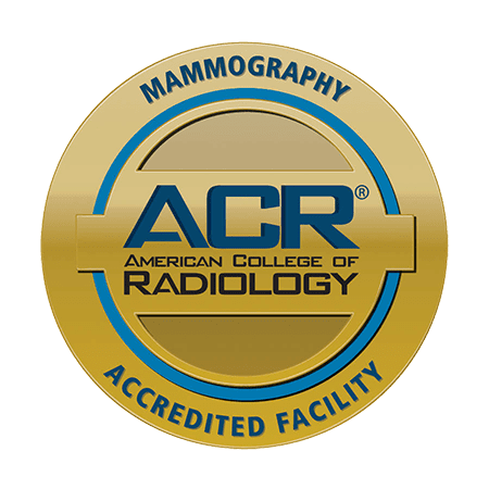 Gold ACR seal with blue and black text: “Mammography,” “ACR American College of Radiology,” and “Accredited Facility.” Circular design with a gold background and blue accents.