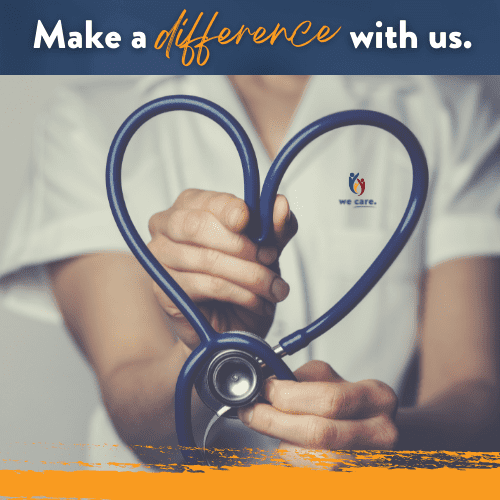 A person in a white coat shapes a stethoscope into a heart, symbolizing support and compassion. Text above reads, “Make a difference with us.” A small logo with “we care” appears on the coat.
