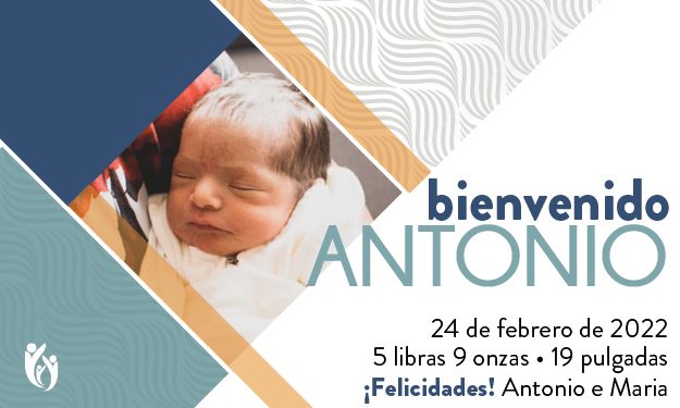 A newborn baby wrapped in a blanket is pictured alongside text welcoming baby Antonio, born February 24, 2022, weighing 5 lbs 9 oz and measuring 19 inches. The text congratulates proud parents Antonio and Maria on their new arrival.