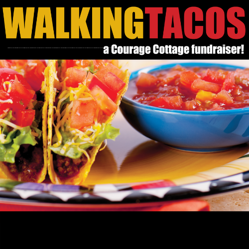 Two walking tacos filled with lettuce, cheese, and tomatoes sit next to a blue bowl of salsa on a colorful plate. Text above reads, “WALKING TACOS a Courage Cottage Walking Taco Fundraiser!” Join us on May 12—and don’t miss your chance at Free Ice Cream!.