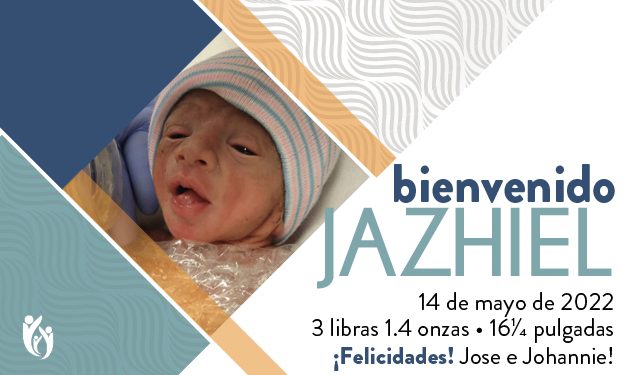 Newborn baby Jazhiel wrapped in a blanket and wearing a striped hat, next to bilingual birth announcement text welcoming “Jazhiel” with birth date, weight, and length details.