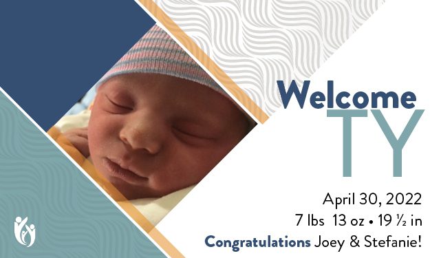 Newborn baby wearing a striped hat, text reads: “Welcome TY, April 30, 2022, 7 lbs 13 oz, 19 ½ in, Congratulations Joey & Stefanie!” Geometric background with waves and blue, beige, and white colors.