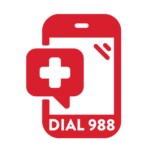 A red icon of a smartphone with a speech bubble containing a white medical cross emphasizes Minnesota’s 988 mental health crisis lifeline. The text “DIAL 988” is displayed at the bottom of the phone.