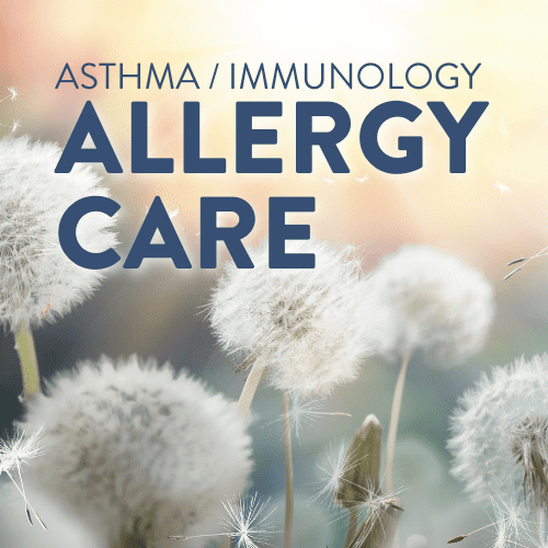 Dandelions with seeds blowing in the wind and the text “Asthma / Immunology Allergy Care” over a soft, sunlit background—highlighting summer asthma tips and guidance on how to prevent asthma attacks.