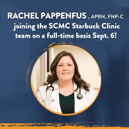 Portrait of a woman in a white medical coat, with text announcing Rachel Pappenfus, APRN, FNP-C, joining the Starbuck Clinic team full-time on September 6. The background is blue with orange accents.