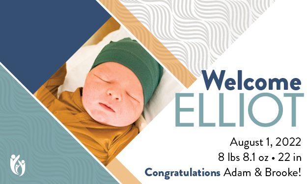 Birth announcement card featuring a sleeping newborn in a green hat and brown outfit. Text: “Welcome Elliot, 8-1-22, 8 lbs 8.1 oz, 22 in. Congratulations Adam & Brooke!”.