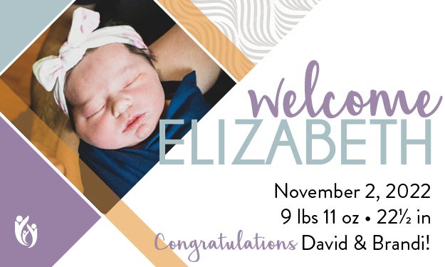 Newborn baby Elizabeth, wearing a pink bow headband, sleeps peacefully wrapped in a blanket. Text welcomes Elizabeth, notes her birth date, weight, length, and congratulates David and Brandi. The background features pastel patterns and a heart-shaped family logo.