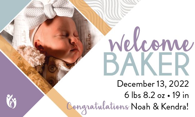 Birth announcement card featuring a sleeping newborn wrapped in a blanket and wearing a headband, alongside text welcoming baby Baker, listing birth date, weight, length, and congratulating Noah and Kendra.