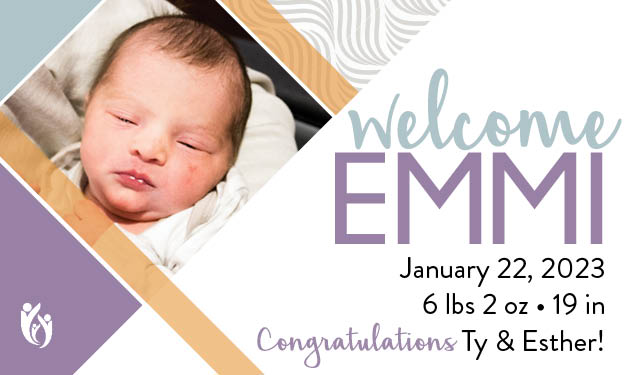 Newborn baby Emmi sleeping peacefully, with text: “welcome EMMI, January 22, 2023, 6 lbs 2 oz, 19 in. Congratulations Ty & Esther!” Purple and beige decorative elements and a small family icon are included.