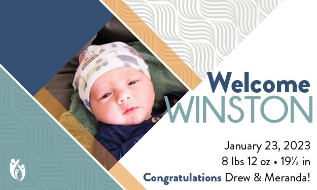 Birth announcement featuring adorable newborn Winston in a cozy hat, text reads: “Welcome WINSTON. January 23, 2023. 8 lbs 12 oz · 19½ in. Congratulations Drew & Meranda!” Beautifully decorated with modern geometric shapes.