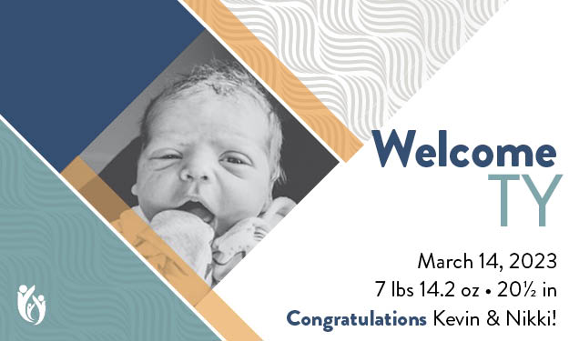 Black and white photo of a newborn with geometric patterns. Text: “Welcome TY. March 14, 2023. 7 lbs 14.2 oz, 20½ in. Congratulations Kevin & Nikki!”.