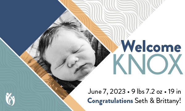 Birth announcement with a photo of a sleeping newborn. Text: Welcome Knox. June 7, 2023, 9 lbs 7.2 oz, 19 in. Congratulations Seth & Brittany! Background features blue, cream, and gold geometric patterns.