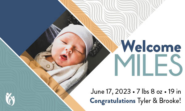 A newborn baby swaddled in a blanket lies with eyes closed. Text reads: “Welcome Miles. 6-17-23 • 7 lbs 8 oz • 19 in. Congratulations Tyler & Brooke!” Geometric shapes decorate the background.