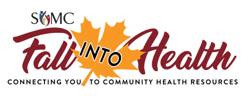 Logo for “SOMC Fall Into Health,” featuring a large orange leaf behind the word “INTO.” Text below reads, “Connecting you to fall health resources in your community.”.