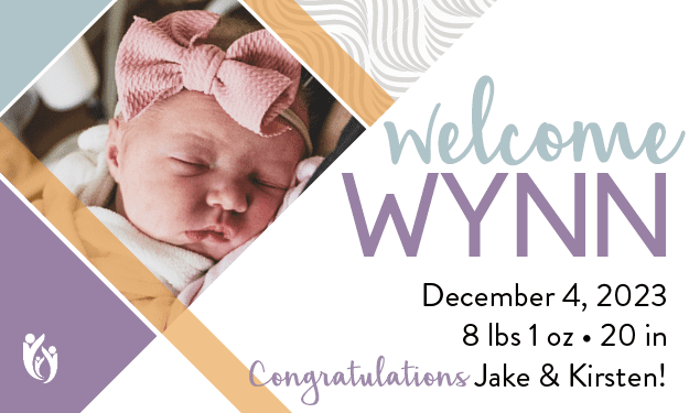 Newborn baby Wynn with a pink bow sleeps peacefully; text reads “Welcome Wynn, December 4, 2023, 8 lbs 1 oz, 20 in. Congratulations Jake & Kirsten!” Pastel geometric accents decorate the announcement.