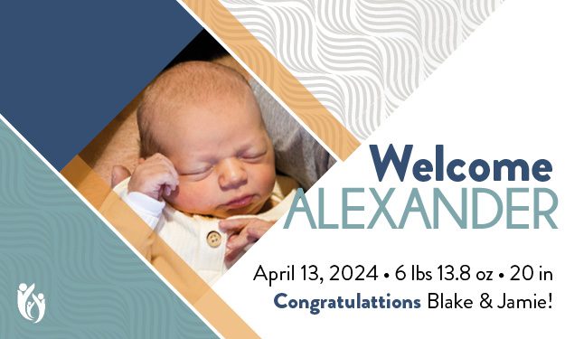 Newborn baby Alexander sleeping, swaddled in a blanket. Text says: “Welcome Alexander. April 13, 2024 • 6 lbs 13.8 oz • 20 in. Congratulations Blake & Jamie!” Geometric patterns and soft colors in the background create a peaceful, modern feel.