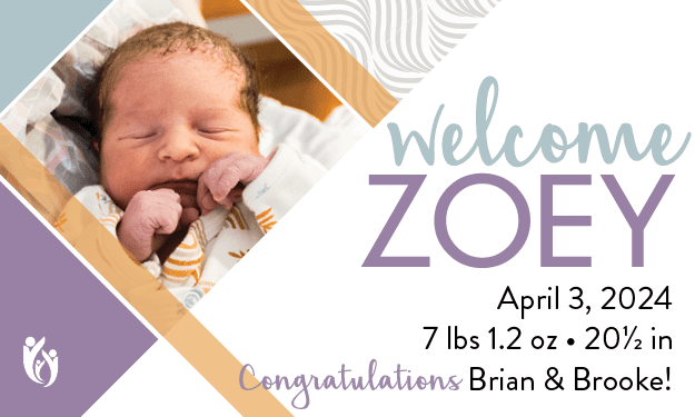 Newborn baby wrapped in a blanket with text: “Welcome Zoey. April 3, 2024. 7 lbs 1.2 oz, 20½ in. Congratulations Brian & Brooke!” Soft pastels and baby icon are included in the design.