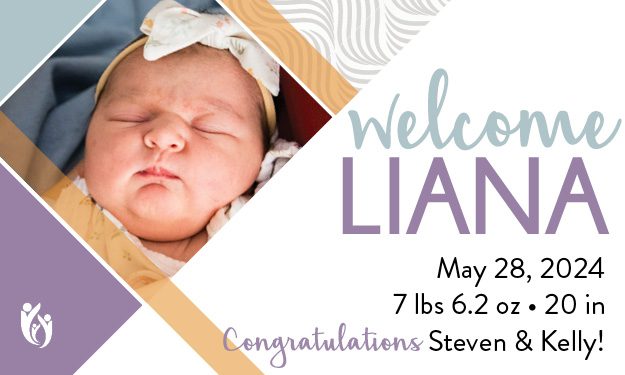 Close-up of a newborn baby wearing a yellow bow headband, with text announcing the birth of Liana on May 28, 2024. Details include her weight and length, along with a congratulatory message to Steven & Kelly welcoming baby Liana to the world.